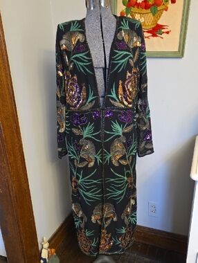 Nasty Gal Embellished Floral Longline Kimono - Black with Green & Purple Accents